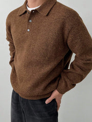 Threebooy  Fall Winter Men's Old Money Style Loungewear, LVLAEA Solid Color Lapel Button-Up, Loose Warm Long Sleeve Pullover Shirt