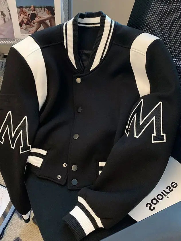 Threebooy American Fashion High-end Baseball Uniform Embroidered Letters Black White Color-blocking Niche Fat Girl Cardigan Top Coat Chic