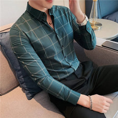 Threebooy Spring Business Casual Plaid Shirt Men's Formal Workwear Wedding Dress Slim Social Party Clothes Checked Shirt S-4XL