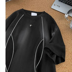Threebooy American High Street Niche Suede Short-sleeved T-shirt Men's Summer Korean Style Fashion Reflective Strip Loose T-shirt Urban