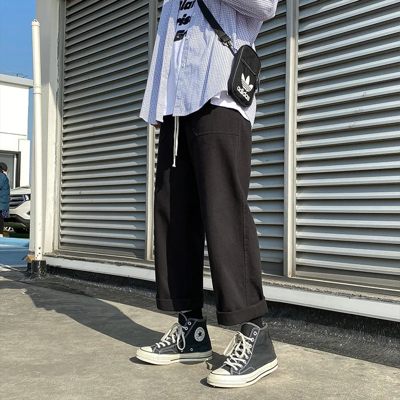 Threebooy  Beige/Khaki/Black Casual Pants Men Fashion Cotton Straight Pants Men Streetwear Loose Hip Hop Wide Leg Pants Mens Trousers S-2XL