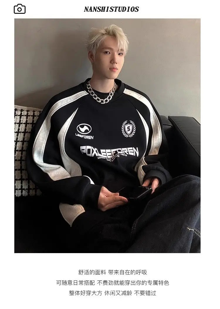 Threebooy American Retro Shirt Hip Hop Color-blocking Heavy Sweatshirt Men 2025 New Teen Casual Sports Jacket Autumn Handsome Top