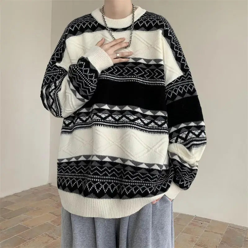 Threebooy Autumn and Winter Round Neck Sweater for Men Casual Trendy Brand Streamer Lazy Style Contrast Striped Knitted Sweater