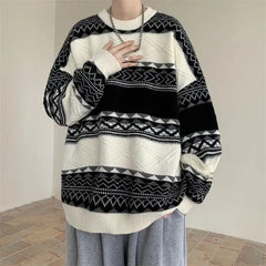 Threebooy Autumn and Winter Round Neck Sweater for Men Casual Trendy Brand Streamer Lazy Style Contrast Striped Knitted Sweater