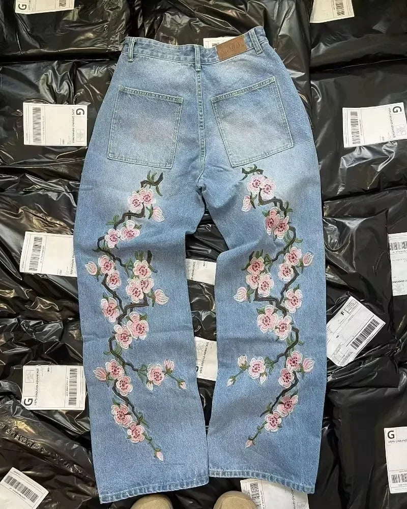 Threebooy  Y2K Baggy Jeans Harajuku vintage cherry blossom Embroidery high quality jeans streetwear Hip Hop gothic men women wide leg jeans