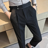 Threebooy Men Spring Summer Belt Decoration Casual Ankle Length Pants Fashion Slim Fit Suit Pants Streetwear Social Business Trousers