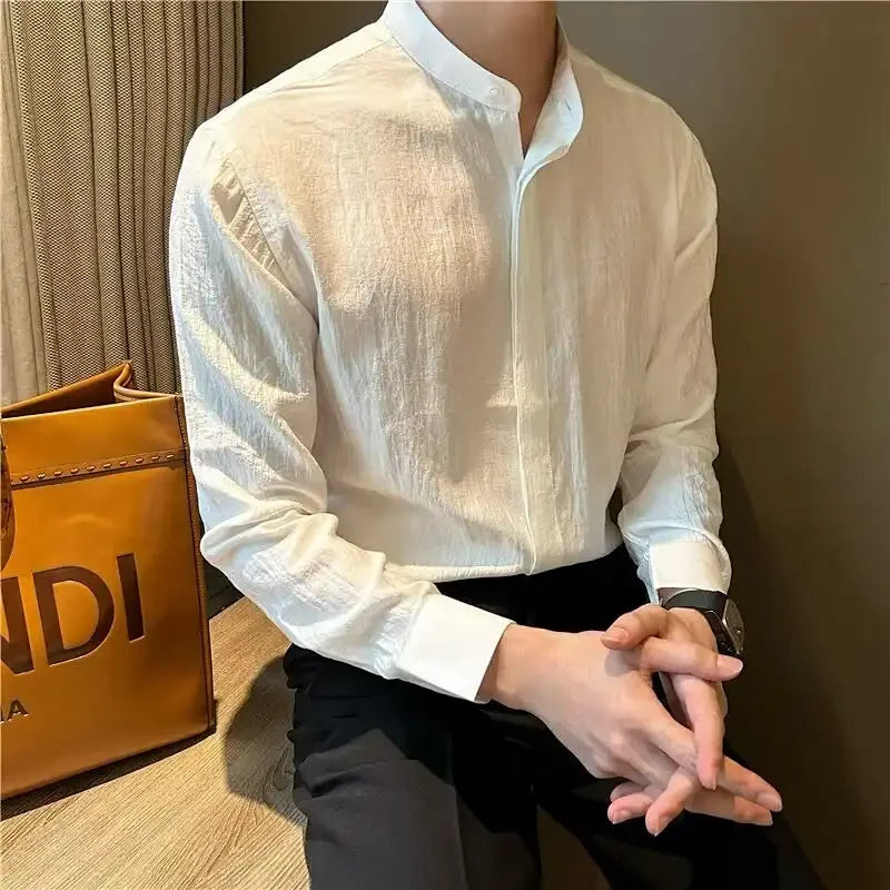 Threebooy  Summer Ultra-thin Men's New Chinese Style Stand Collar Shirt Fashion Casual Slightly Slim Long-sleeved Trend