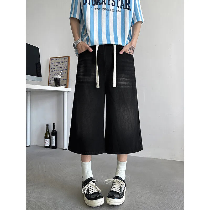 Threebooy  Loose Fit Cropped Jeans Elastic Drawstring Waist Stretch Denim Casual Wear Comfort Men Baggy Denin pants man  Fashion Trendy