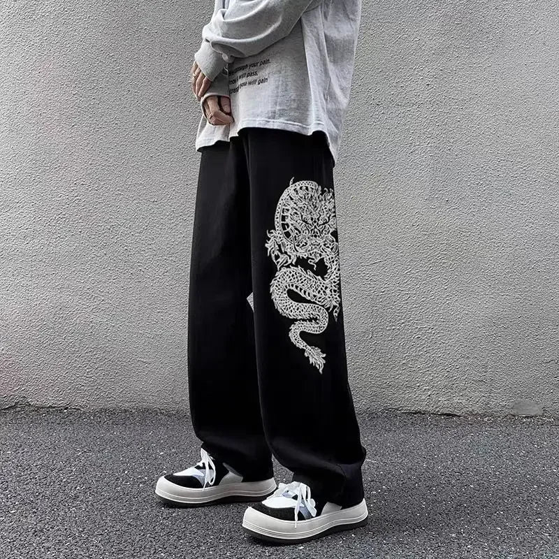 Threebooy Y2k High Street New Style Dragon Pattern Embroidery Baggy Jeans Retro Hip Hop Casual High Waisted Jeans Men and Women Streetwear
