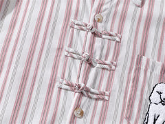 Threebooy  Summer Short Sleeve Shirts Men Streetwear Hip Hop Puppy Embroidery Striped Shirt for Men Oversized Harajuku Pink Casual Blouse
