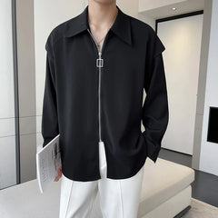 Threebooy Fake Two Piece Solid Zipper Chic Shirt Turn-down Collar Handsome Long Sleeve Shirts Man Streetwear Casual Men's Clothing