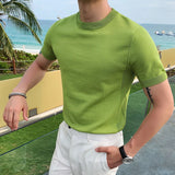 Threebooy British Style Summer Ice Silk Short Sleeve Knitted T Shirts Men Simple Pure Color O-Neck Casual Slim Tee Shirt Top Homme M-3XL