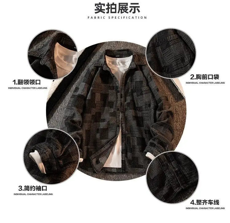 Threebooy Plaid Shirt Men's High-end Fashion Top Hong Kong Style Long-sleeved Loose Handsome Trendy Retro Shirt Casual Jacket Aesthetic