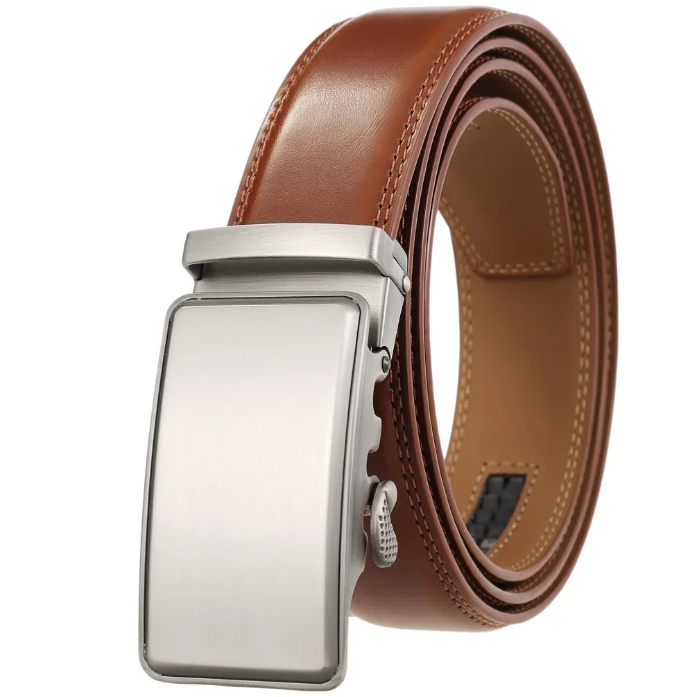 Threebooy  Men's Genuine Belt Fashion Automatic Buckle Belt for Popular Business High Quality Male Belt Brown