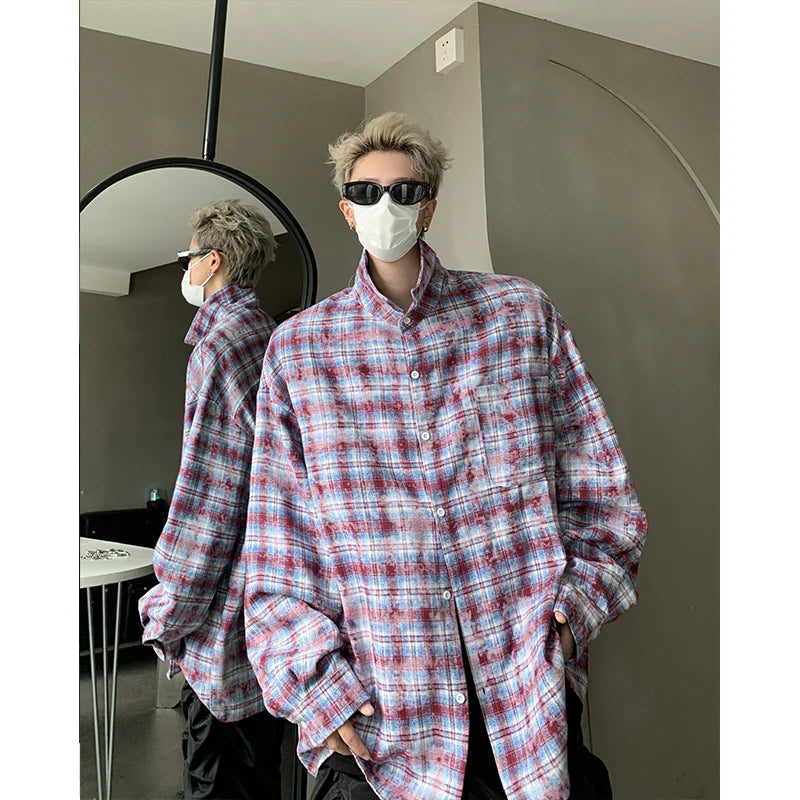 Threebooy Men Shirt Plaid Tie-dye Long Sleeve Mens Casual Loose Shirt Autumn High Quality Oversized Male Checked Shirt Red/Blue/Gray