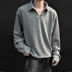 Threebooy  New American Retro Men Polo Shirt Luxury Knitted Solid Color V Neck Long Sleeve T-shirt Casual Premium Quality Textured Knitwear