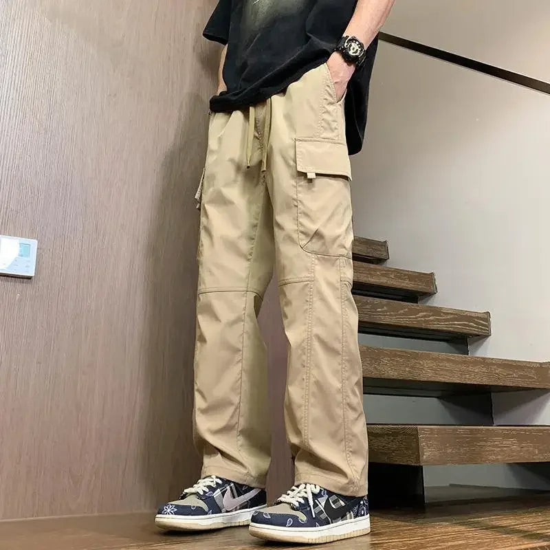 Threebooy  Male Trousers Spring Summer Wide Black Men's Straight Cargo Pants New in Nylon Fashion Emo Cheap Korean Style Harajuku Loose