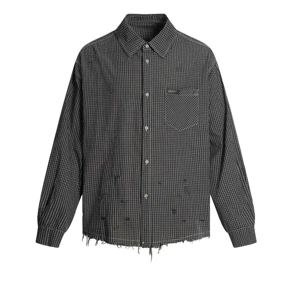 Threebooy Vintage Plaid Shirts Men Streetwear Hip Hop Punk Long Sleeve Shirt for Men Harajuku Ripped Hole Loose Casual Blouse Tops Coats
