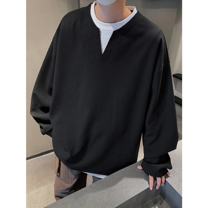 Threebooy Loose Casual Tshirt Men Fake Two-piece Long Sleeve T Shirt Neutral Streetwear Fashion Women Korean Pullover T-shirts Gray/Black