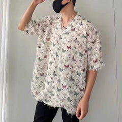 Threebooy  Vintage Niche Butterfly Burr Edge Tassels Short Sleeved Shirt Male Summer High Street Loose Comfortable Fashion All-match Shirt