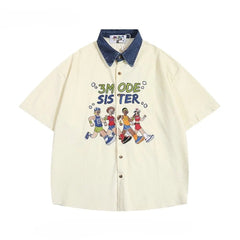 Threebooy  Men Women American Retro Athlete Embroidery Spliced Denim Collar Short-sleeved Shirts Trendy Summer Street Casual Loose Blouse
