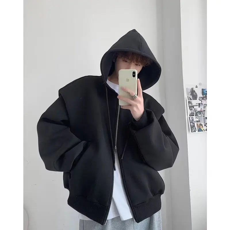 Threebooy Autumn Korean Zipper Hoody Large Silhouette Hooded Composite Shoulder Pad Cardigan Jacket Men Casual Handsome Hooded Sweatshirt