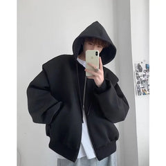 Threebooy Autumn Korean Zipper Hoody Large Silhouette Hooded Composite Shoulder Pad Cardigan Jacket Men Casual Handsome Hooded Sweatshirt