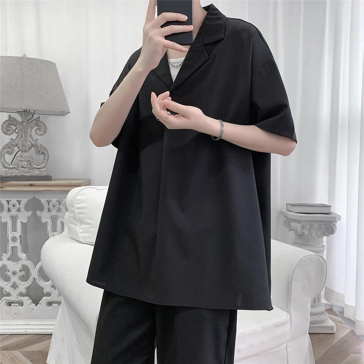 Threebooy Mens Short Sleeve Shirt Pullover Small Suit Collar Loose Fit Solid Color Summer Casual Office Wear Daily Breathable Comfort