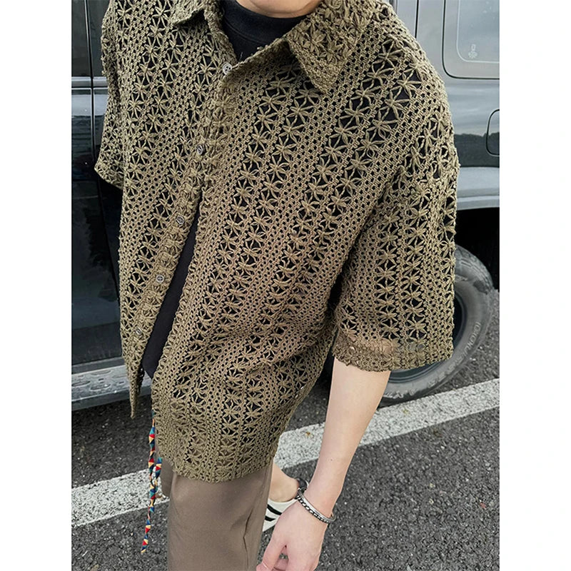 Threebooy Fashion Army Green Knitted Hollow out Shirt Men Streetwear Transparent Lapel Short Sleeve Button Camisas Sexy Men Clothing 2XL-M