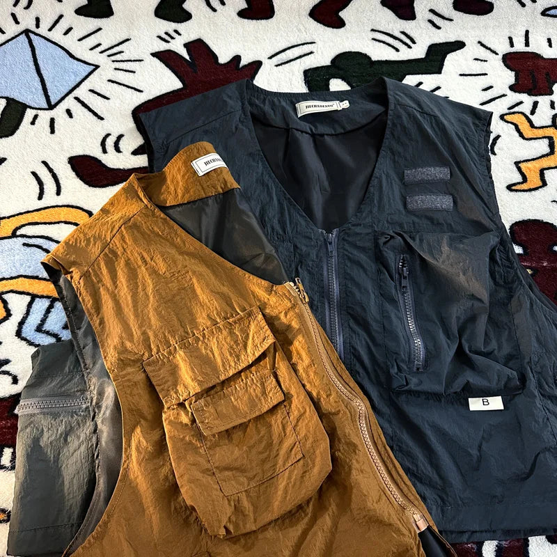 Threebooy  American Outdoor Multi-function Short Vest Jacket Basic Commuting Versatile Vest Cityboy Workwear Waistcoat Aesthetic Urban Chic