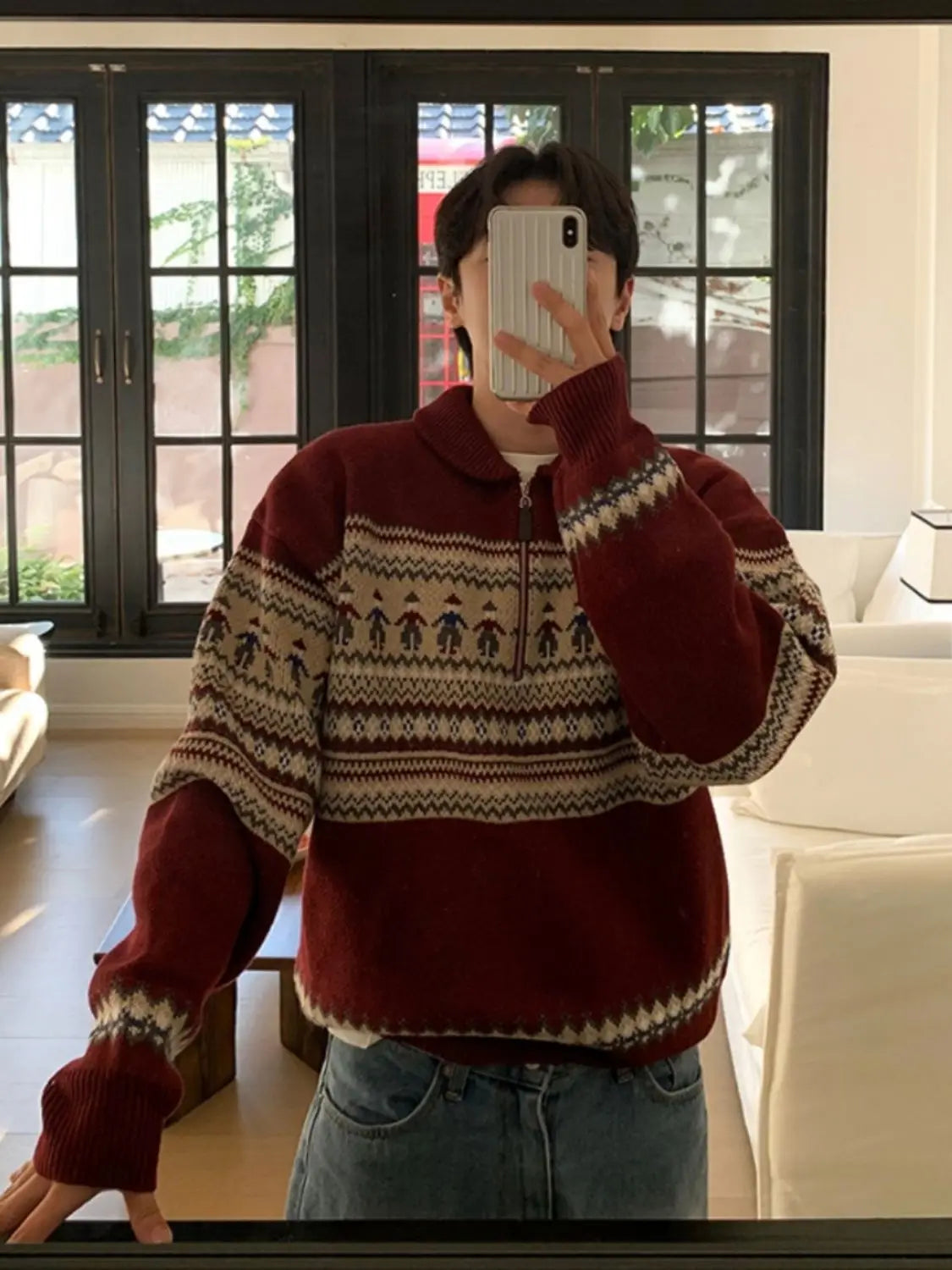 Threebooy American style autumn and winter street fashion half zipper polo sweater for couples loose retro red Harajuku knit top y2k