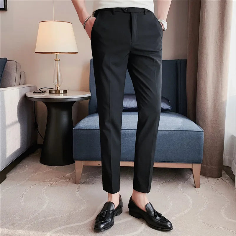 Threebooy  New Men Non-iron Fabric Dress Pants Slim Straight Black White Casual Suit Pants Male Business Little Feet Suit Trousers