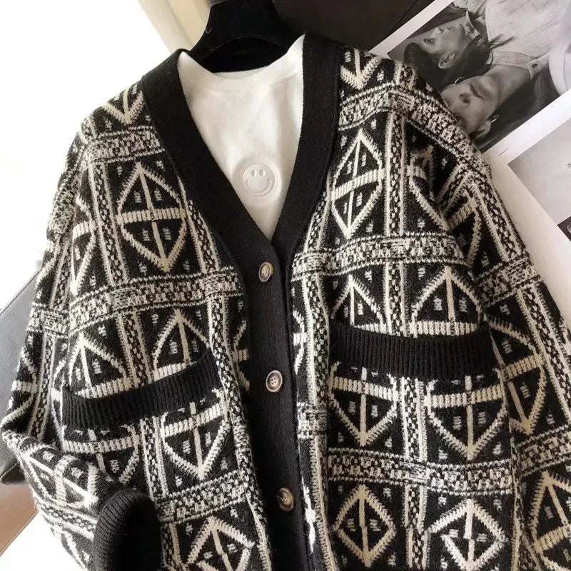 Knitted Cardigans Men American Vintage Loose Couples Plaid Fashion Coats High Street Long Sleeve Sweaters All-match Outwear New