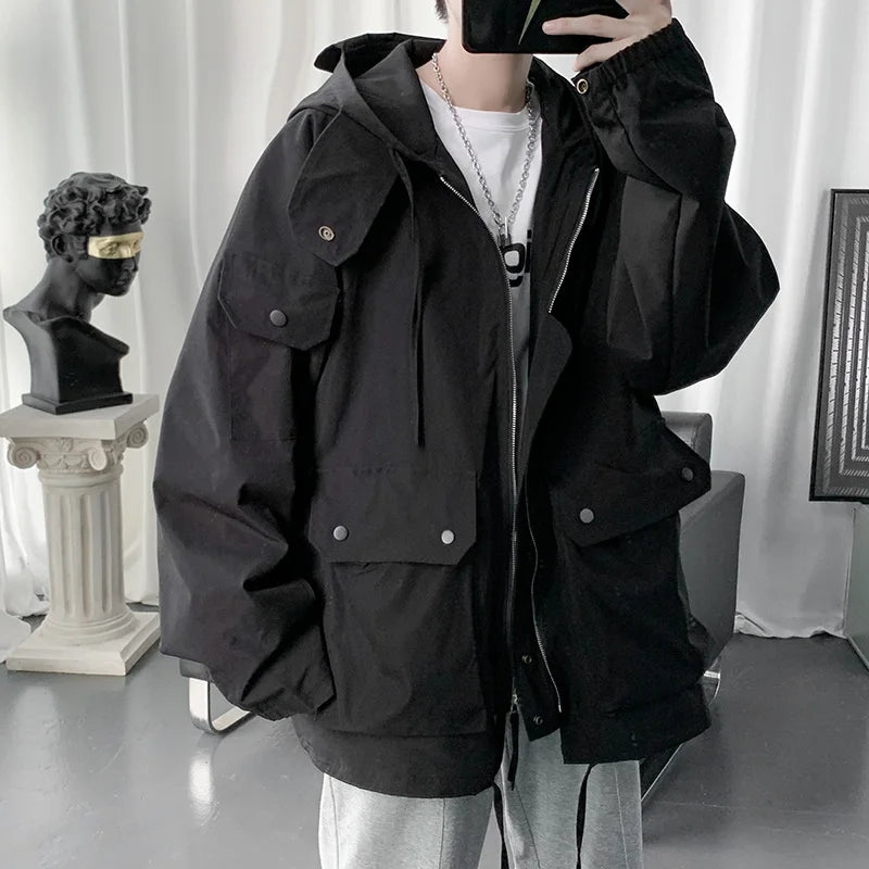 Threebooy Japan Style Autumn Winter Cargo Jacket Men Muti-Pockets High Quality Hooded Zipper Jackets Streetwear Outdoor Jacktes Men