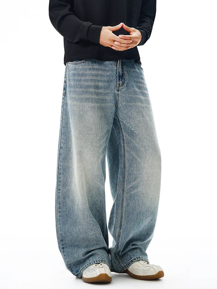 Threebooy American Classic Jeans Men's Autumn Wash Cotton Casual Loose Wide-leg Denim Pants Vintage High Street Y2K Trousers