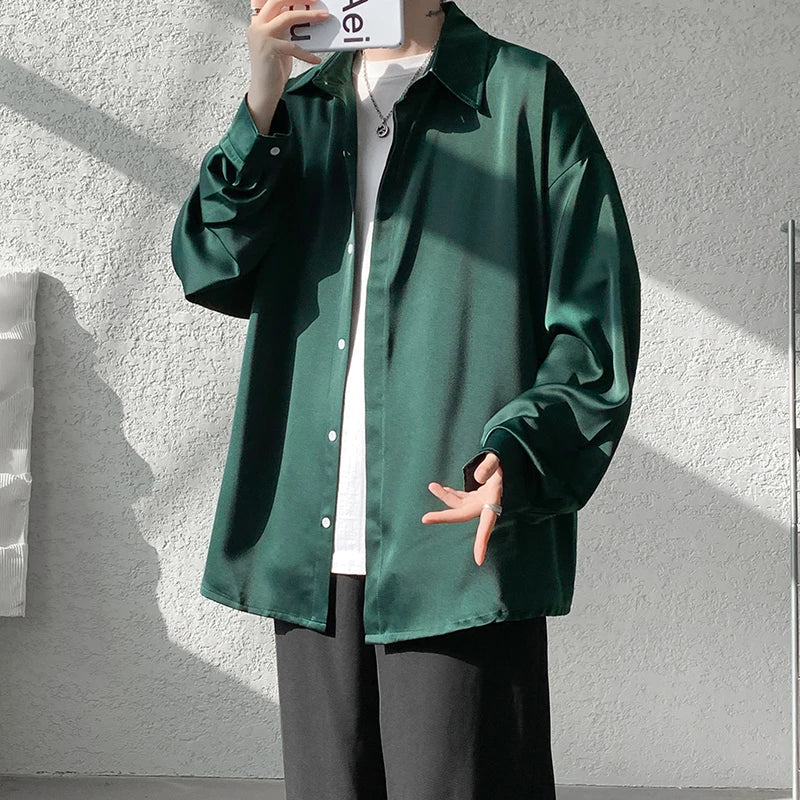 Threebooy Korean Fashion Ice Silk Shirts for Men Spring Summer Solid Color Long Sleeve Casual Loose Comfortable Button Up Shirt 5XL-M
