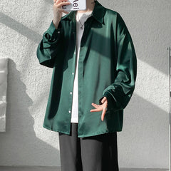 Threebooy Korean Fashion Ice Silk Shirts for Men Spring Summer Solid Color Long Sleeve Casual Loose Comfortable Button Up Shirt 5XL-M