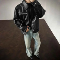 Threebooy  Winter New Men's Pu Leather Long-Sleeved Jacket American Retro Fashion Trend High Street Loose Casual Niche Men's Tops