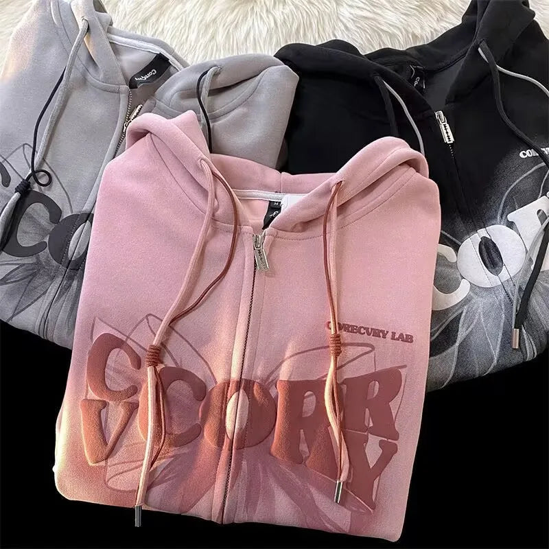 Threebooy Spring Autumn Women's Sweet Cool Bow Hooded Sweatshirt Zipper Couple Loose Fashion Cardigan Coat