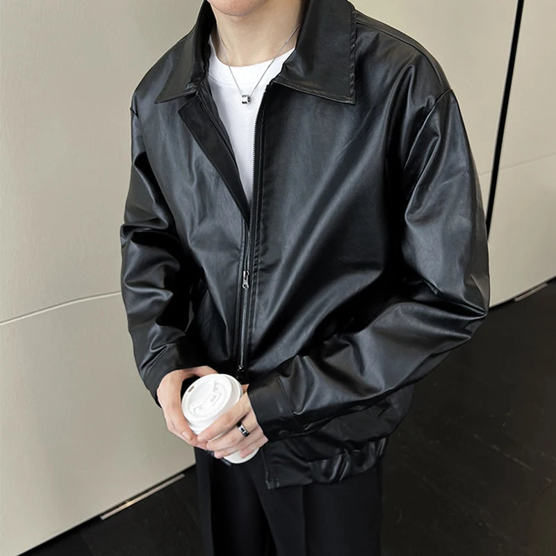 Threebooy  New Autumn Men's Casual Textured PU Leather Jacket High Street Zip-up Turn-down Collar Solid Color Long Sleeve Retro Coats M-3XL