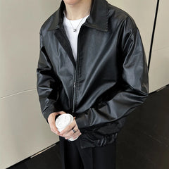 Threebooy  New Autumn Men's Casual Textured PU Leather Jacket High Street Zip-up Turn-down Collar Solid Color Long Sleeve Retro Coats M-3XL
