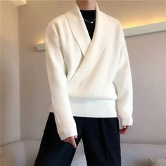 Threebooy  Korean Style Autumn Solid Color V-Neck Draped Unique Men's Sweater Loose Fit Casual Knitted Top For Leisure