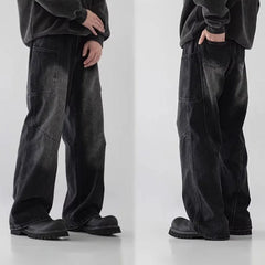 Threebooy Korean Style Large Pocket Workwear Jeans Retro Blue Men'S Baggy Jeans Straight Leg Pants Casual Wide Leg Pants Casual Pants