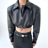 Threebooy Autumn Product Design Sense Lgbt Sexy Navel Exposed Fashion High Street High Waist Double Zipper Wide Shoulder Leather Jacket