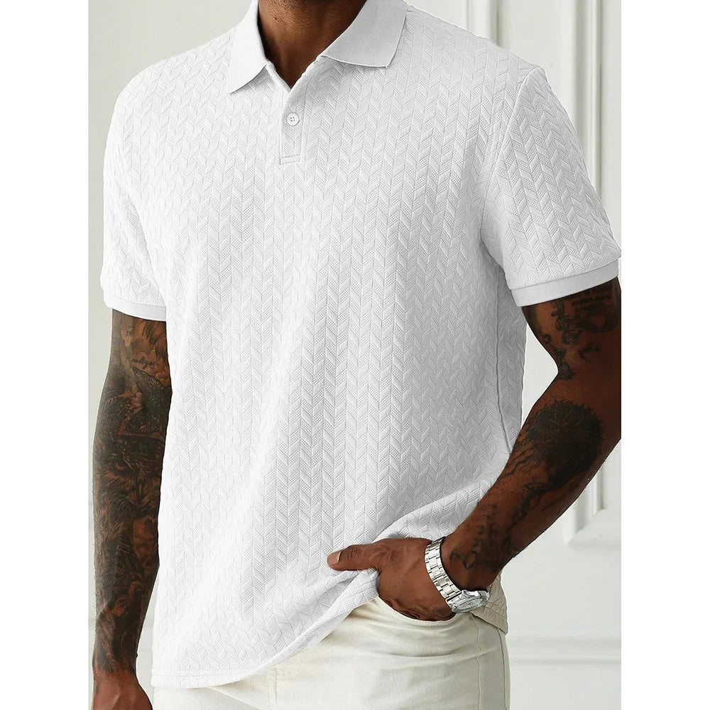 Threebooy  Men's Heavyweight Polo Shirt Spring Summer Short-sleeved Jacquard T-shirt Turn-down Collar Casual Fashion Button Male Clothing