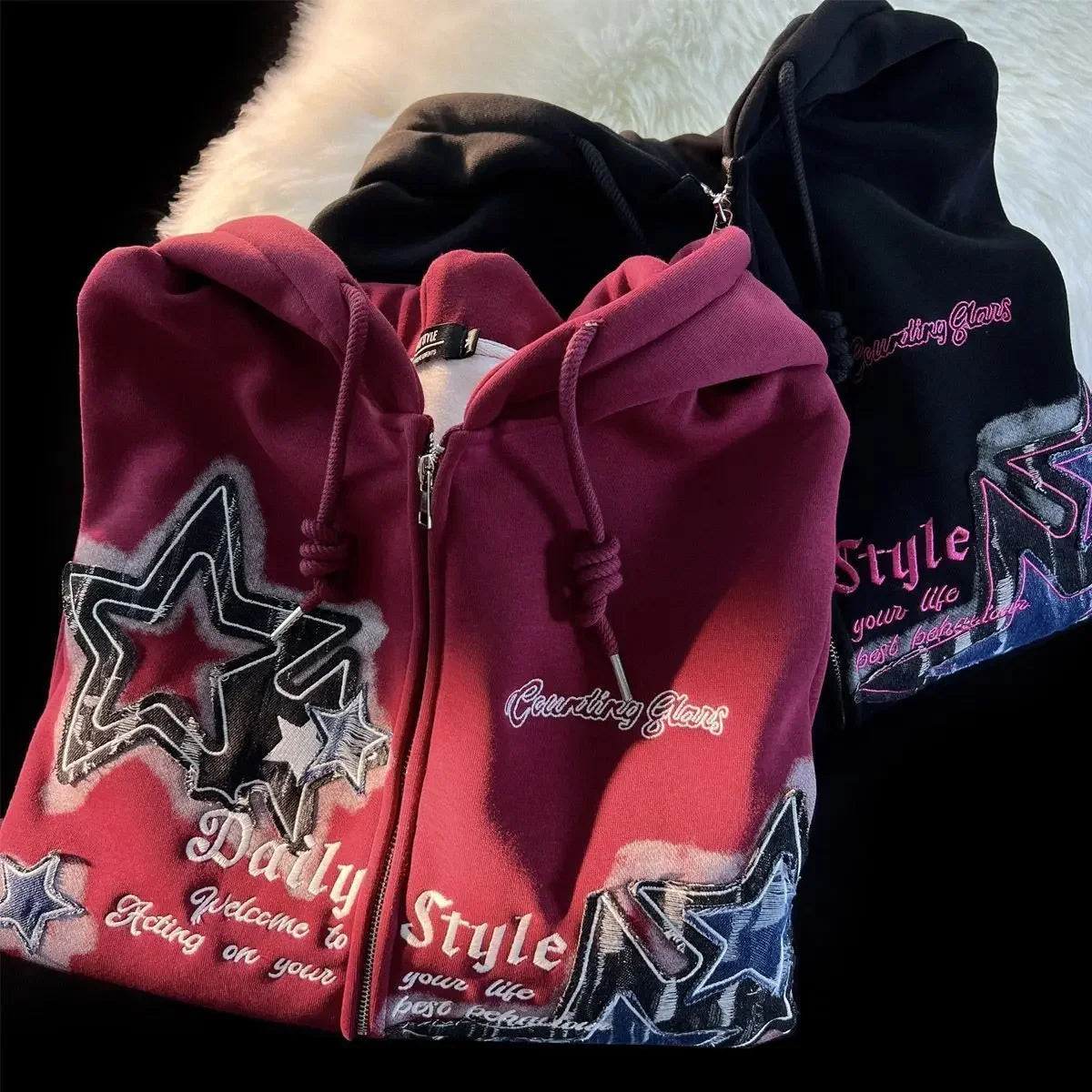 Threebooy Aesthetic Star Print Cardigan Zip Up Sweatshirt Men Women Autumn Winter Loose Tide Brand Couple Hooded Zip Jacket Harajuku Y2k