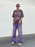 Threebooy Street made coordinates washed purple jeans for men with a unisex style loose fitting bf straight tube fall down