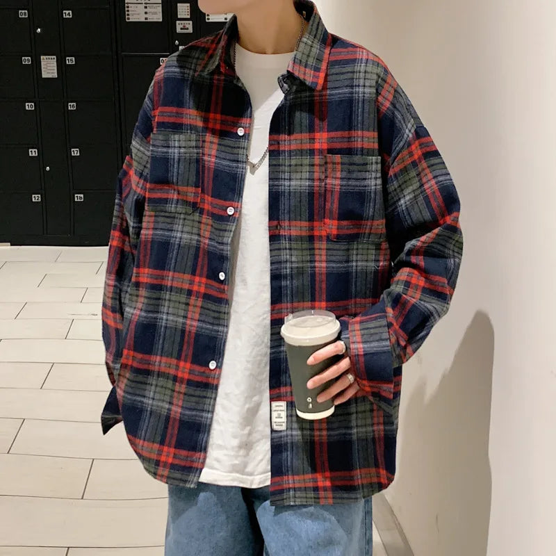 Threebooy  Autumn Long Sleeved Shirt Men Fashion Oversized Plaid Shirt Men Streetwear Korean Loose Casual Shirts Mens Large Size M-5XL