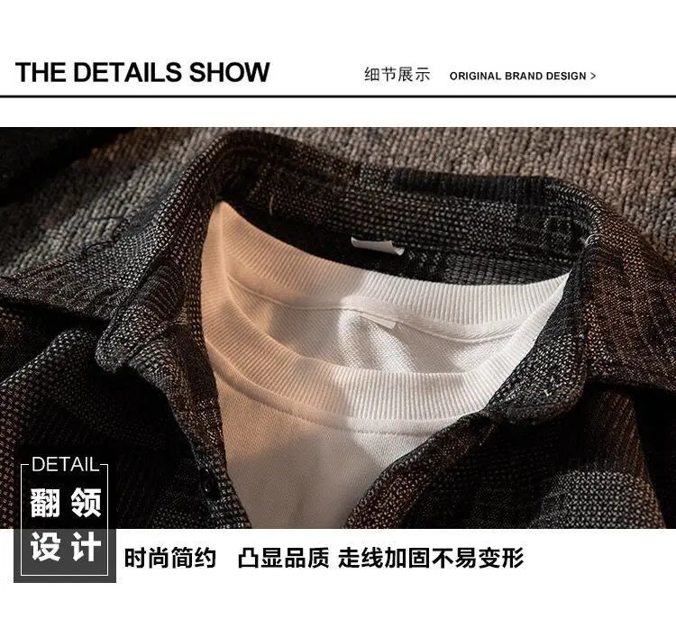 Threebooy Plaid Shirt Men's High-end Fashion Top Hong Kong Style Long-sleeved Loose Handsome Trendy Retro Shirt Casual Jacket Aesthetic