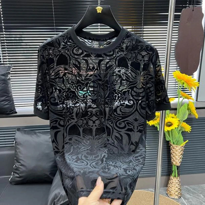 Threebooy  Trendy Jacquard Hollow T-shirts Men Ice Silk Breathable See Through Round Neck T-shirt Short Sleeve Casual Social Nightclub Tee